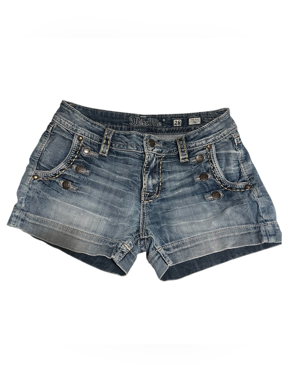 Miss Me Faded Blue Denim Mid-Rise Short with Button Accent
